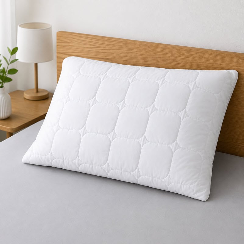 Schutzhuelle_1 - hirsekissen.ch White quilted pillow resting against a wooden headboard on a neatly made bed in a bedroom.