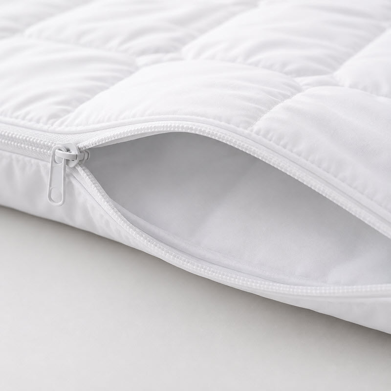 Schutzhuelle_2 - hirsekissen.ch Close-up of a white quilted pillow with a zipper along the edge, halfway open to reveal the interior.