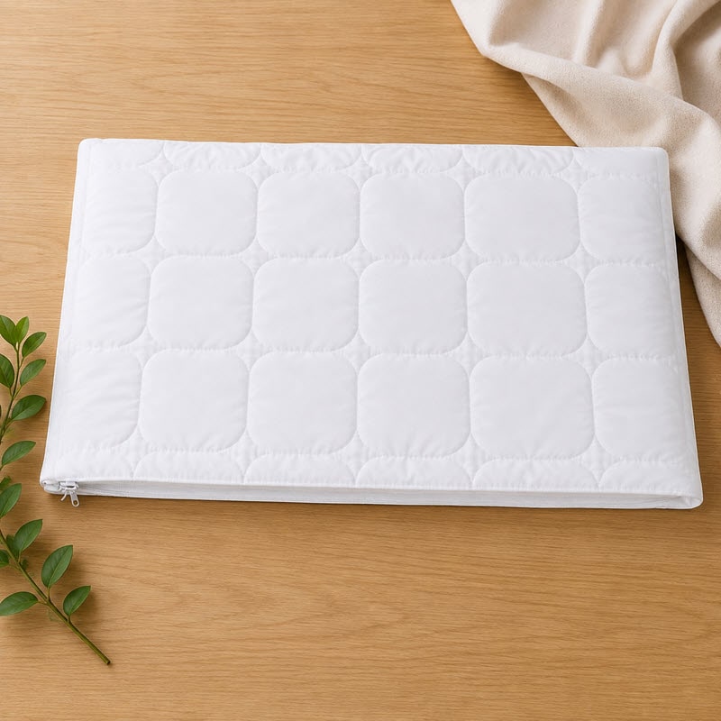 Schutzhuelle_3 - hirsekissen.ch White quilted zippered case resting on a wooden table, with a beige cloth and green leaves nearby.